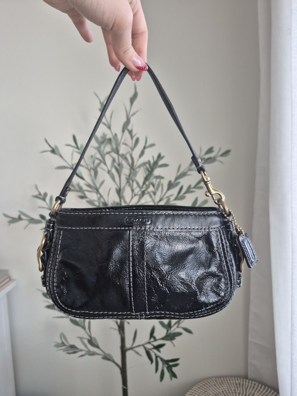 Coach Mini Zoe Black Leather Patent Wristlet Shoulder Bag